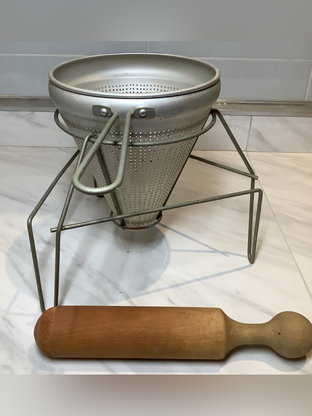 Vintage Cone Sieve Pestle and Stand aluminum metal Juicer strainer Canning Farm